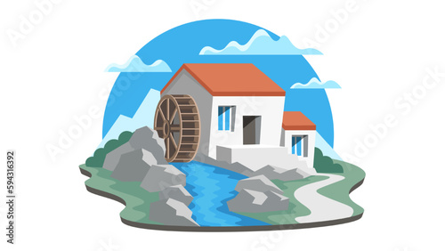 Farm house and watermill isolated illustration on white background. Flat landscape of mill that uses hydropower on the river.