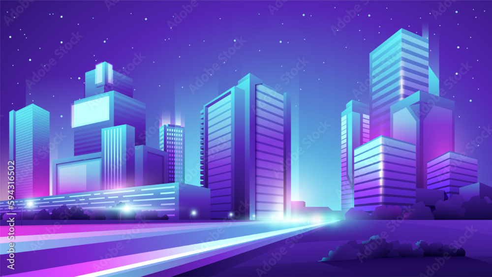 Vector neon colorful gradient illustration of a beautiful night street with road and houses.