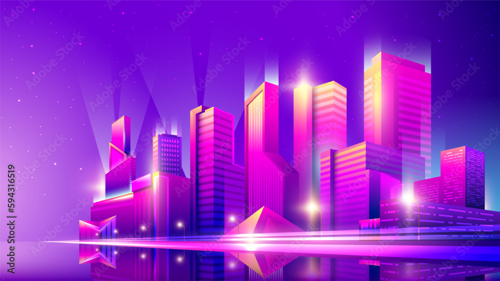 Vector neon colorful gradient illustration of a panorama of the night city with spotlights.