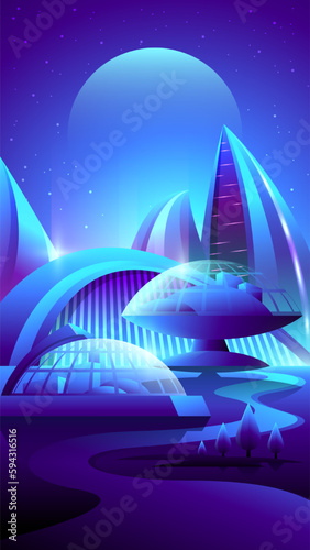 Vector vertical banner of futuristic city in dome on unknown planet.