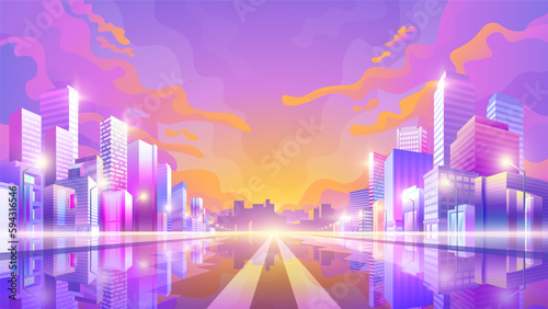 Vector colorful cityscape illustration. View of the evening street road.