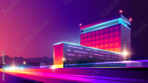 Vector neon gradient illustration of an office building and night city.