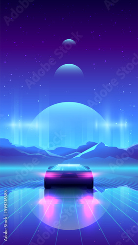 Vector vertical synthwave illustration of futuristic back view car. Road with neon laser grid.