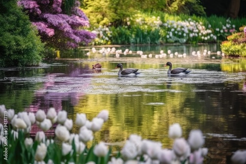 Group of ducks swimming in a tranquil pond surrounded by blooming flowers and greenery, capturing the peaceful and serene qualities of springtime - Generative AI