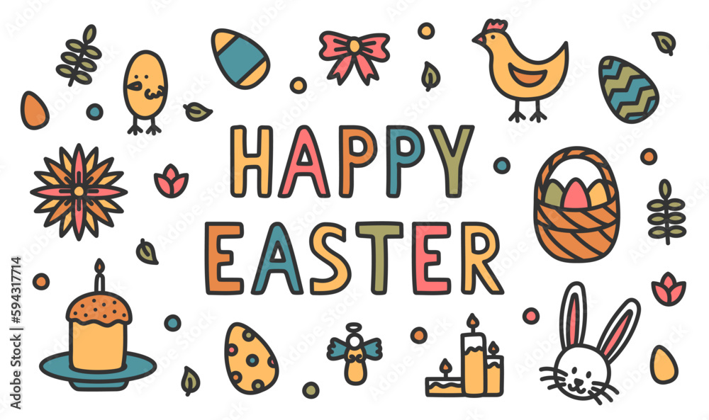 Fototapeta premium Vector colorful set of doodle illustrations for the holiday of Easter on a white background.