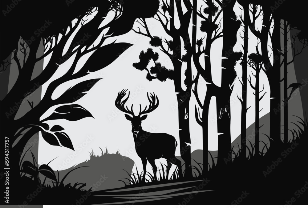 Deer in a Forest black and white vector illustration Stock Vector ...