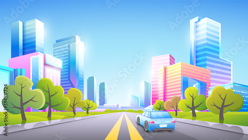 Vector color gradient illustration of daytime beautiful city view. A lonely car drives through the city. Empty place with no people.