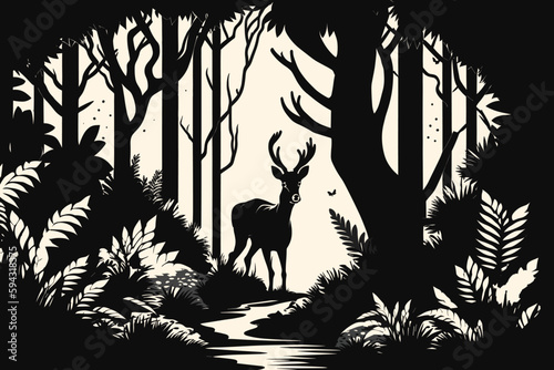 A Deer into jungle black and white illustration