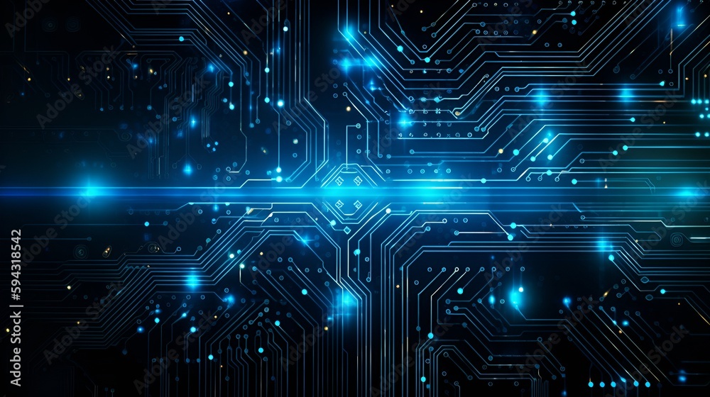 Blue circuit board background design with modern technology illustration texture and quantum computer technology concept. 