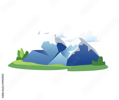 Concept Travel trip mountains. This illustration features a beautiful mountain landscape in a flat and minimalist design. Vector illustration.