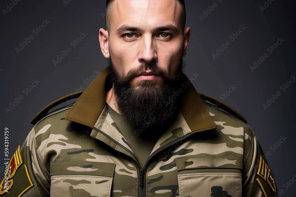 Generative AI image of serious bearded male in military uniform looking at camera Generative AI image of serious bearded male in military uniform looking at camera