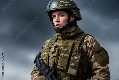 Generative AI illustration of woman soldier portrait in uniform and protective helmet looking seriously away while standing on blurred background