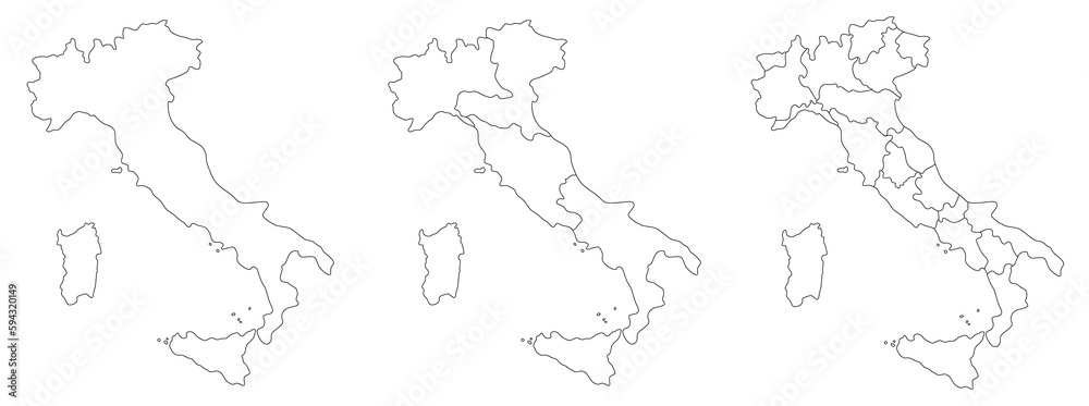 Italy map set white-black outline with regions and  administrative map