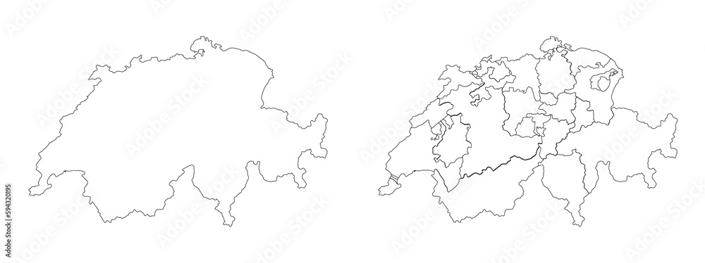 Switzerland map set with white-black outline and administration regions.
