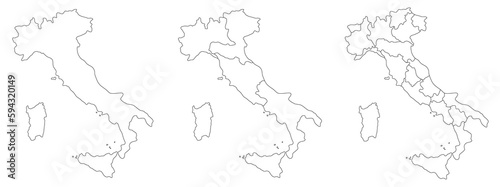 Italy map set white-black outline with regions and administrative map