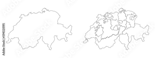 Switzerland map set with white-black outline and administration regions. 