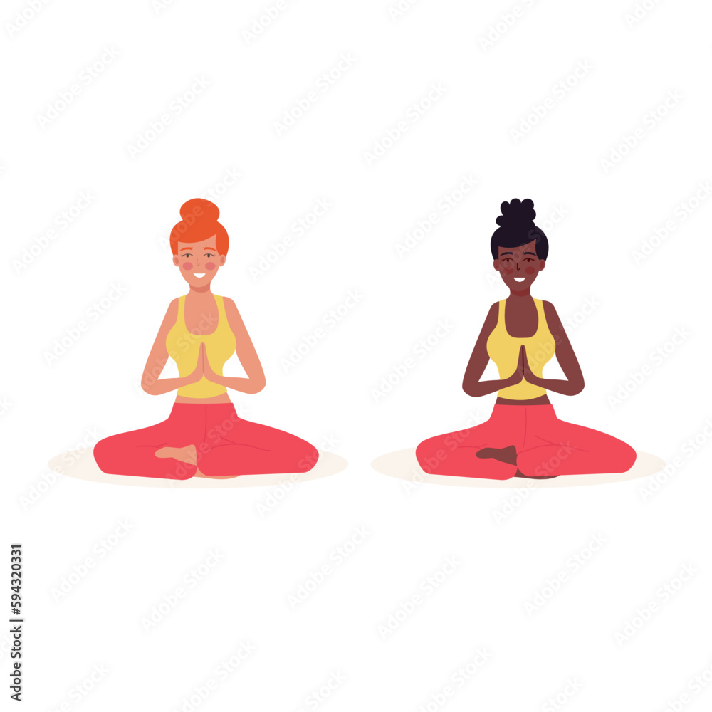 Women of different nationalities sitting in a yoga pose. African American woman. Healthy and active lifestyle Women of different nationalities sitting in a yoga pose. African American woman. Healthy and active lifestyle