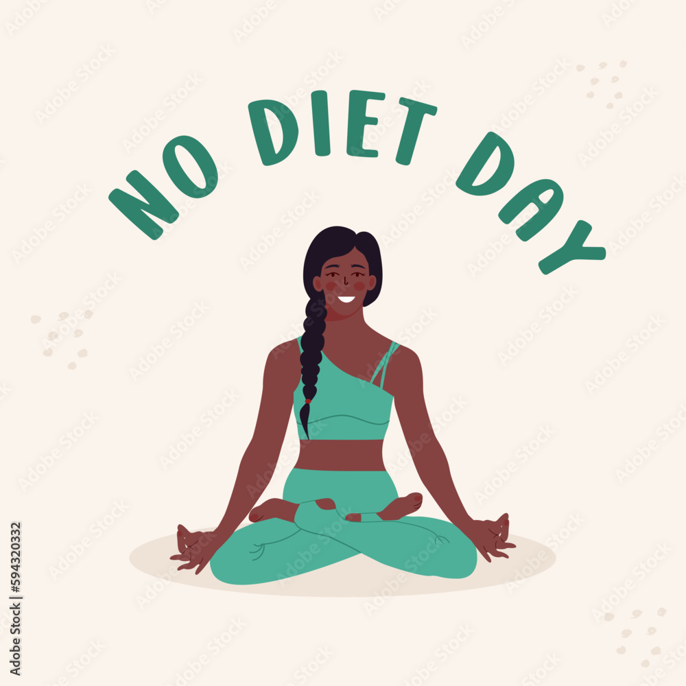 A happy African-American woman sits in a yoga pose. No Diet Day. Healthy and active lifestyle A happy African-American woman sits in a yoga pose. No Diet Day. Healthy and active lifestyle
