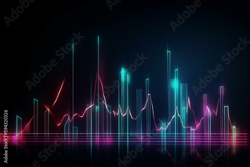 Business economic charts with light effects, neon. Abstract neon background, growth and fall analytics. Made by AI. Generative AI