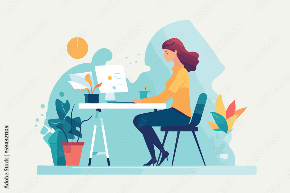 Fototapeta premium Woman working on laptop while sitting at table, bright colors, cartoon illustration, flat