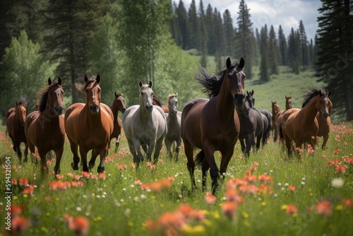 Herd of horses running free in a lush, green pasture during the springtime, showcasing the natural beauty and energy of these majestic animals - Generative AI © Hanjin