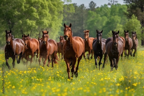 Herd of horses running free in a lush  green pasture during the springtime  showcasing the natural beauty and energy of these majestic animals - Generative AI