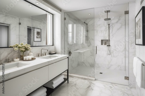 White marble bathroom with double sink and shower. Generative AI