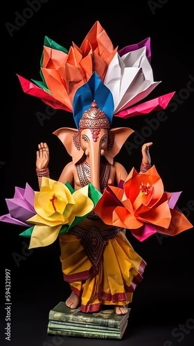 Colorful flower craft of origami of Indian god Ganesh Generative AI photo