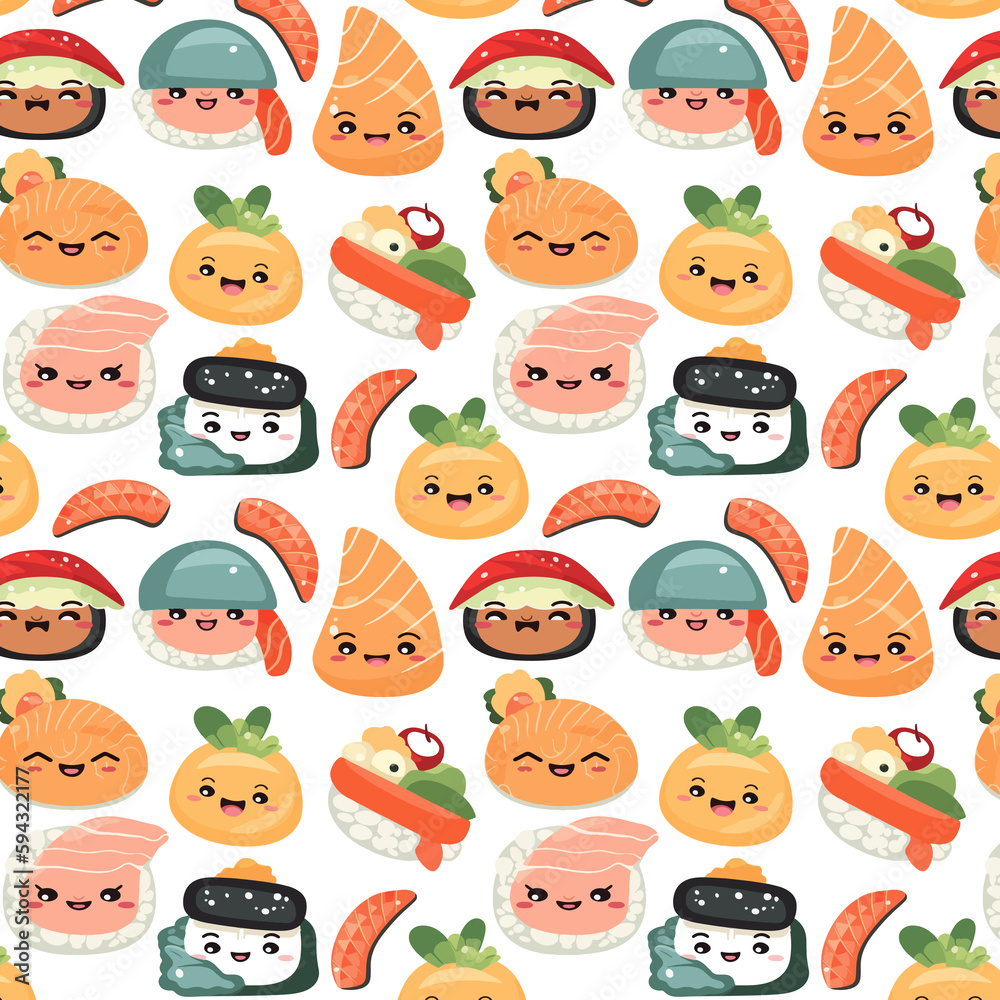 Cute Japanese Food Sushi and Roll Character Allover Seamless Pattern Design Artwork Cute Japanese Food Sushi and Roll Character Allover Seamless Pattern Design Artwork