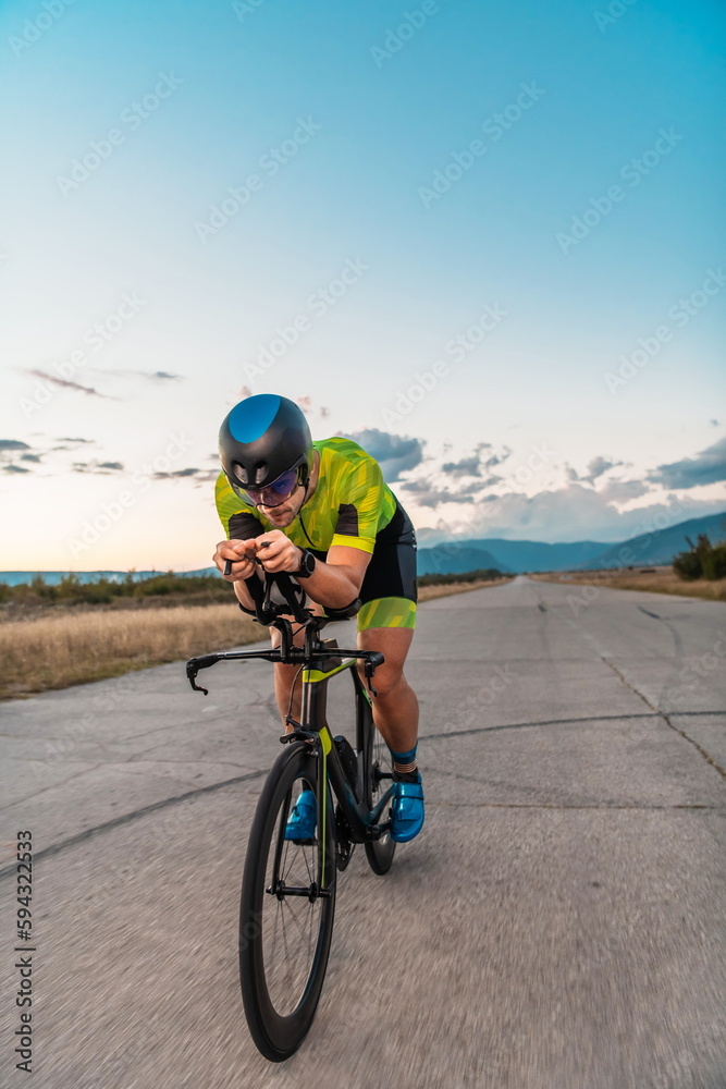 Triathlete riding his bicycle during sunset, preparing for a marathon. The warm colors of the sky provide a beautiful backdrop for his determined and focused effort. Triathlete riding his bicycle during sunset, preparing for a marathon. The warm colors of the sky provide a beautiful backdrop for his determined and focused effort.