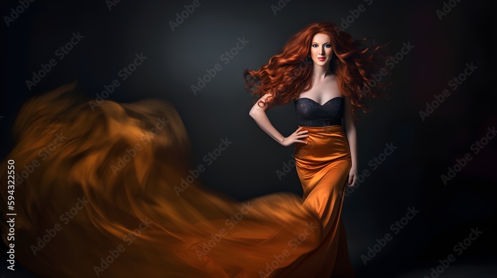 Glamour Model Beauty Fashion Makeup on Black Background Flowing Fiery Dress