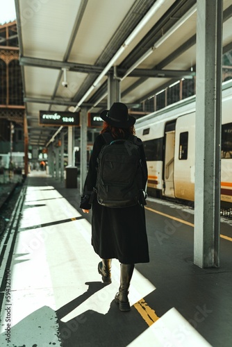 Vertical back view of a young female wearing black coat and backpack at the station