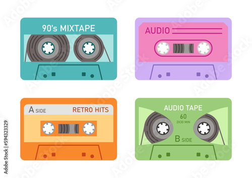 Set of audio cassettes tape. Various music audio records. Collection of different mixtapes. Nostalgia for the 80s and 90s. Flat vector illustration isolated on white background.