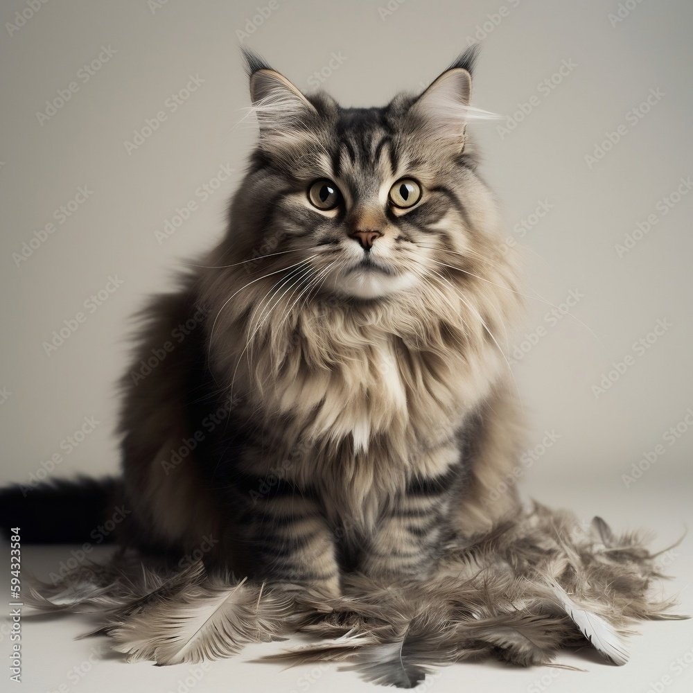 portrait of a big fluffy cat with feathers on a white background
