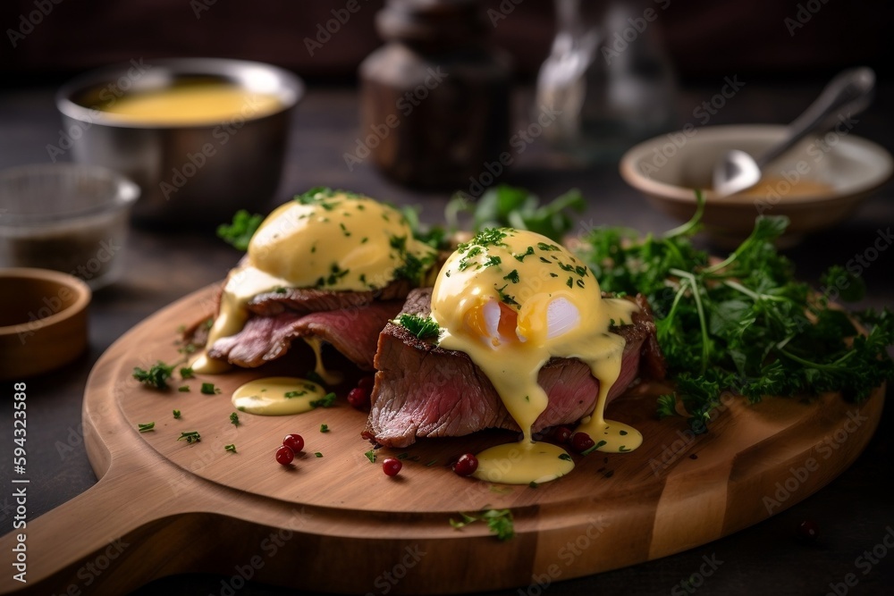 
steak with poached egg cheese and herbs on a wooden board