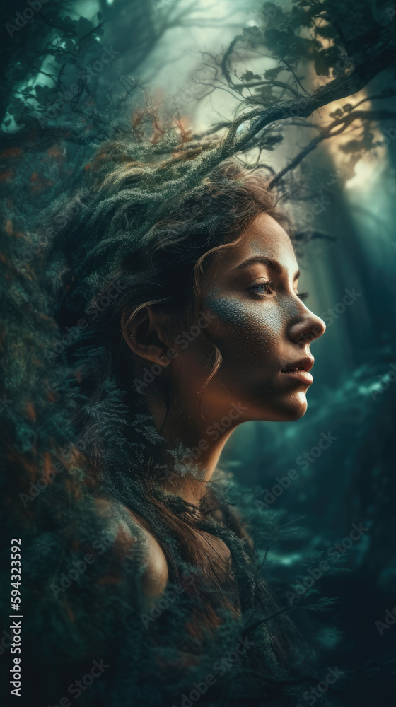 Dreamlike portrait of a person blending harmoniously with a lush, fantastical forest Dreamlike portrait of a person blending harmoniously with a lush, fantastical forest