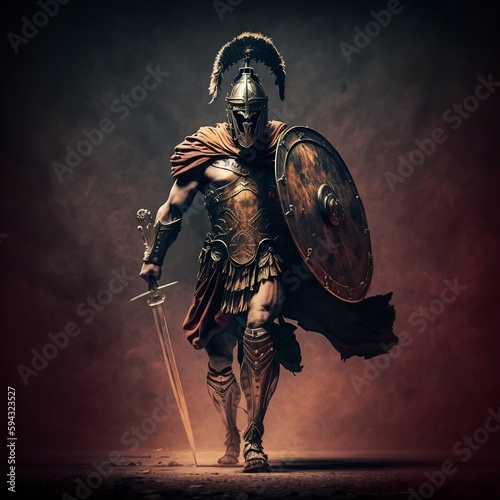 Vászonkép roman warrior, spartan with shield and sword