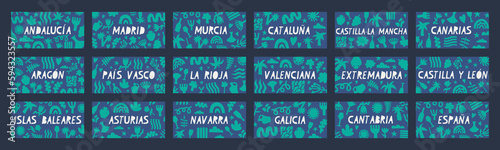 Regions and provinces of Spain in Spanish. Floral backgrounds with inscriptions for souvenirs and banners. Set of vector graphic backgrounds. photo