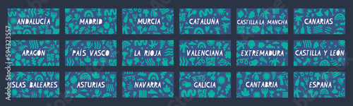 Regions and provinces of Spain in Spanish. Floral backgrounds with inscriptions for souvenirs and banners. Set of vector graphic backgrounds.