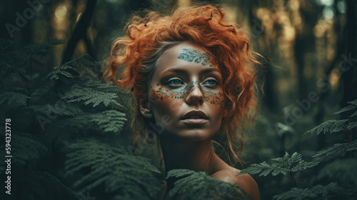 Dreamlike portrait of a person blending harmoniously with a lush, fantastical forest