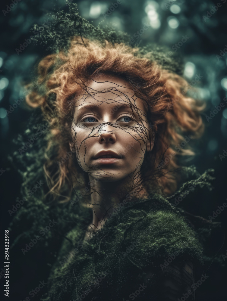 Dreamlike portrait of a person blending harmoniously with a lush, fantastical forest Dreamlike portrait of a person blending harmoniously with a lush, fantastical forest