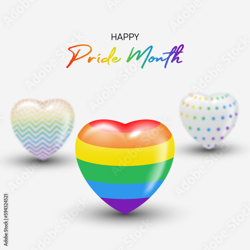 Happy pride month LGBTQ template and background with 3d rainbow heart minimalist style.