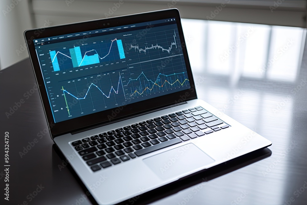 Laptop on a table with analytical data, diagrams, values and curves - Generative AI Laptop on a table with analytical data, diagrams, values and curves - Generative AI