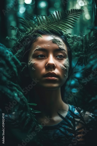 Dreamlike portrait of a person blending harmoniously with a lush  fantastical forest