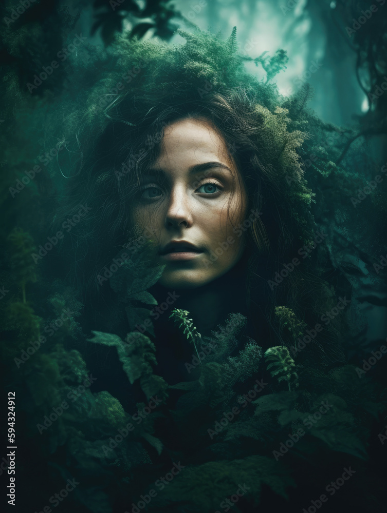 Dreamlike portrait of a person blending harmoniously with a lush, fantastical forest Dreamlike portrait of a person blending harmoniously with a lush, fantastical forest