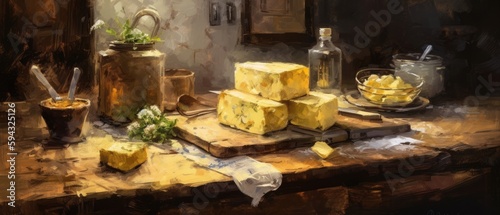 Oil painting of blocks of cheese on a wooden table cutting block. Still life artistic - Ai generated