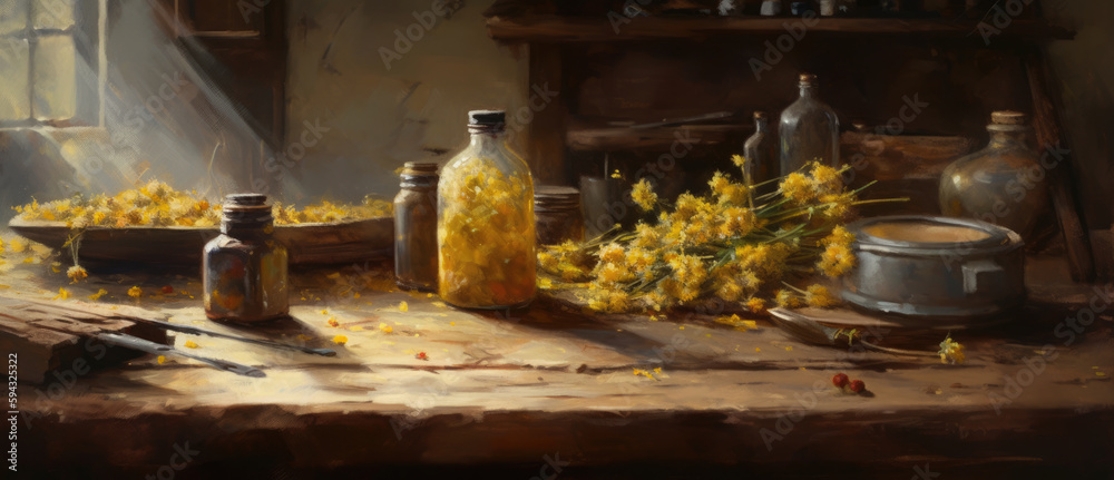 Still life with yellow chamomile flowers bottles and preserved on a wooden table in a rustic style - Ai generated
