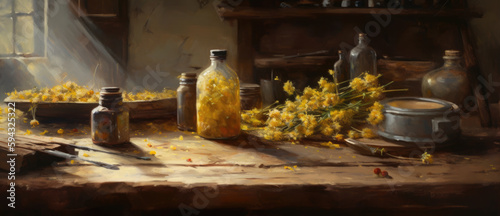 Still life with yellow chamomile flowers bottles and preserved on a wooden table in a rustic style - Ai generated