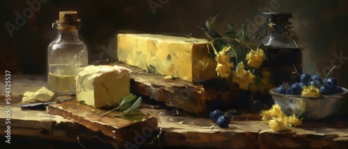 Still life with cheese, grapes and olive oil on a wooden board - Ai generated