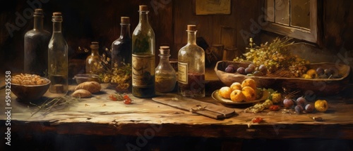 Still life with bottles of wine  nuts and dried fruits on wooden old european table  countryside cottage - Ai generated